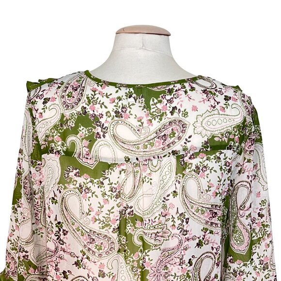 Cottagecore Sheer Ruffle Womens Lg Green Pink Paisley Floral Tunic Top Boho Ties - Picture 4 of 10
